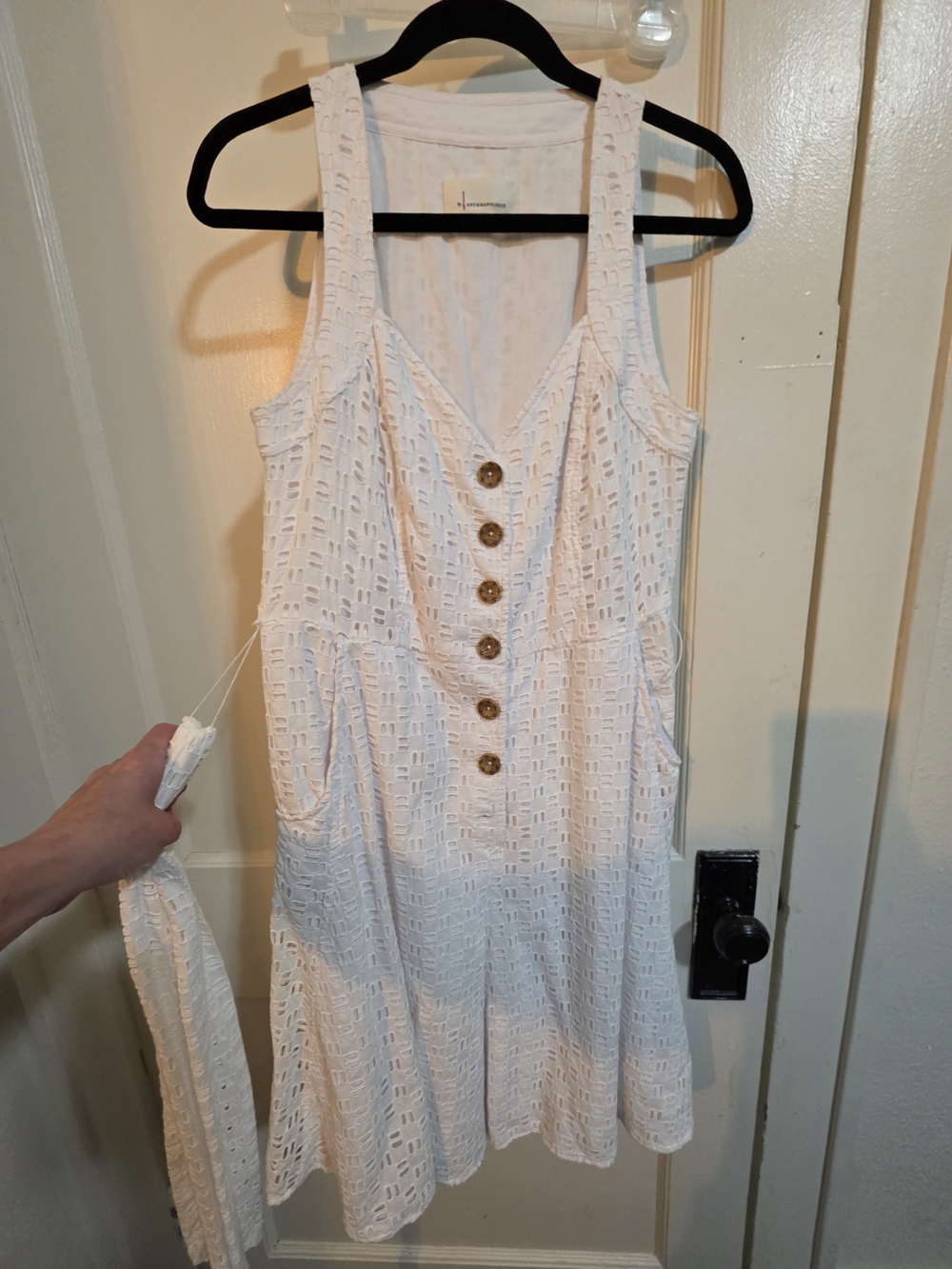 Anthropologie White Button-Front Romper Size 8. Attached Tie Byckle With Flaws